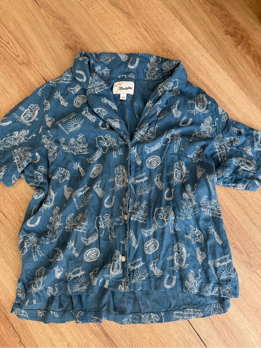 Wrangler Blue Western-Print Short-Sleeve Button-Down Shirt
